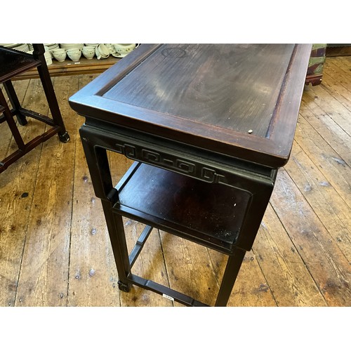 544 - A Pair of Japanese Hardwood Vase Display Side Tables with a Key Patterned Border & resting on scroll... 