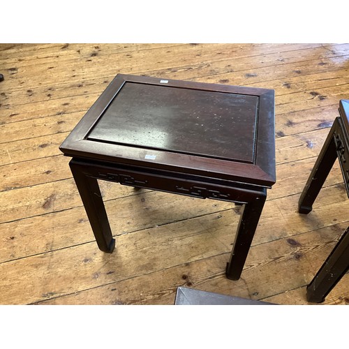 545 - A Set of Four Japanese Hardwood Whatnot Tables with inset Top Panels, Key Boarded Tops & Scroll Feet... 