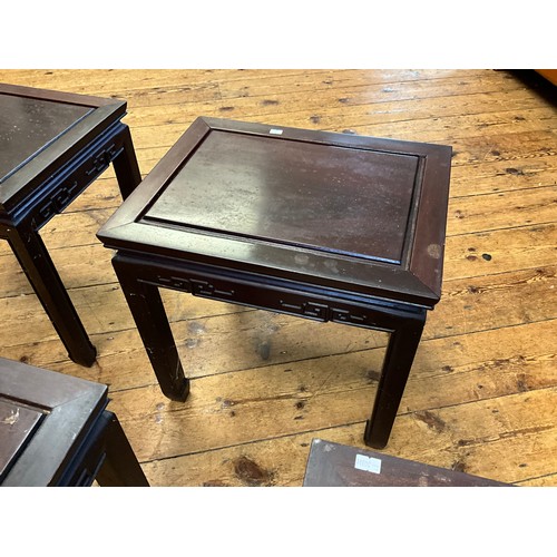 545 - A Set of Four Japanese Hardwood Whatnot Tables with inset Top Panels, Key Boarded Tops & Scroll Feet... 