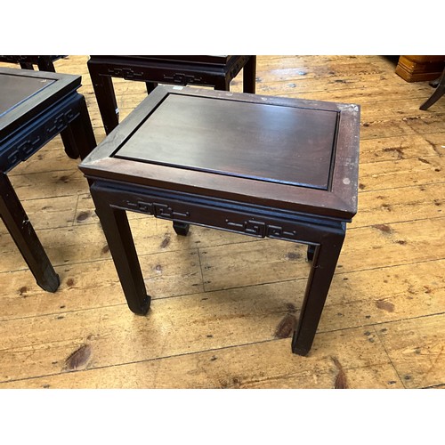 545 - A Set of Four Japanese Hardwood Whatnot Tables with inset Top Panels, Key Boarded Tops & Scroll Feet... 