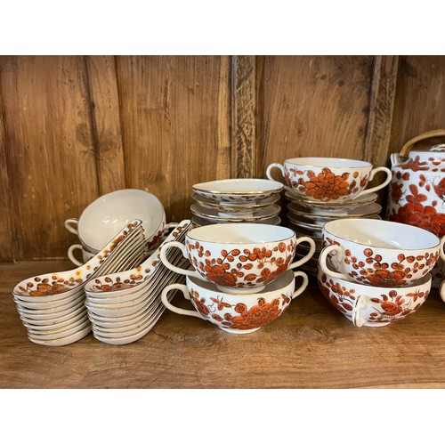 637 - A Chinese Egg Shell Tea Set with Twin Hoop Handles, Covers, Rice Pot, Soup & Rice Spoons.