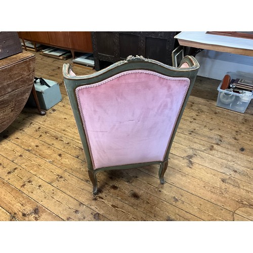 570 - A Late 19th Century Green & Gilt painted French Saloon Chair upholstered in Pink on Carved Feet.