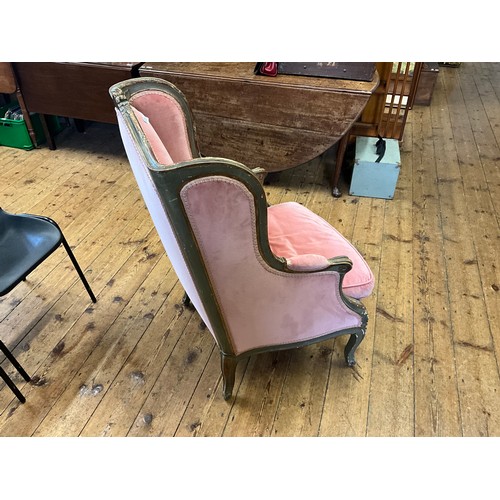 570 - A Late 19th Century Green & Gilt painted French Saloon Chair upholstered in Pink on Carved Feet.