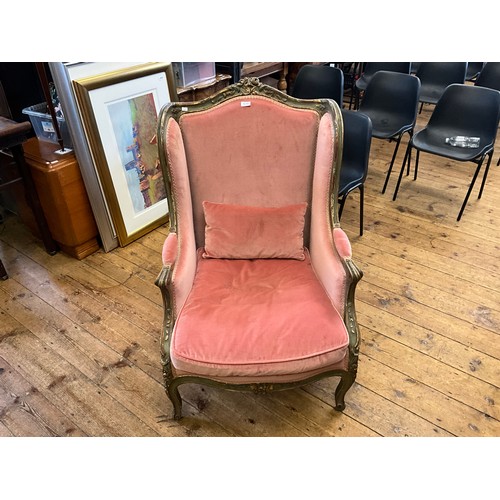 570 - A Late 19th Century Green & Gilt painted French Saloon Chair upholstered in Pink on Carved Feet.