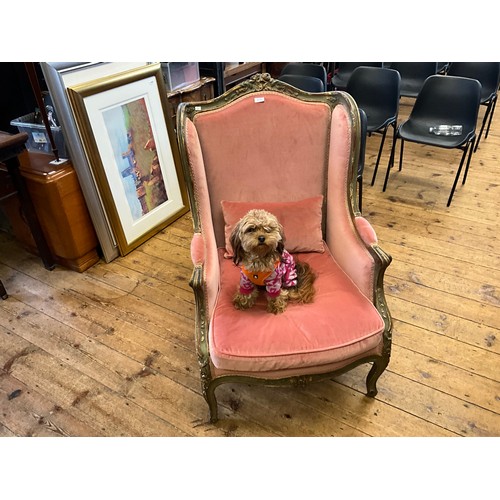 570 - A Late 19th Century Green & Gilt painted French Saloon Chair upholstered in Pink on Carved Feet.