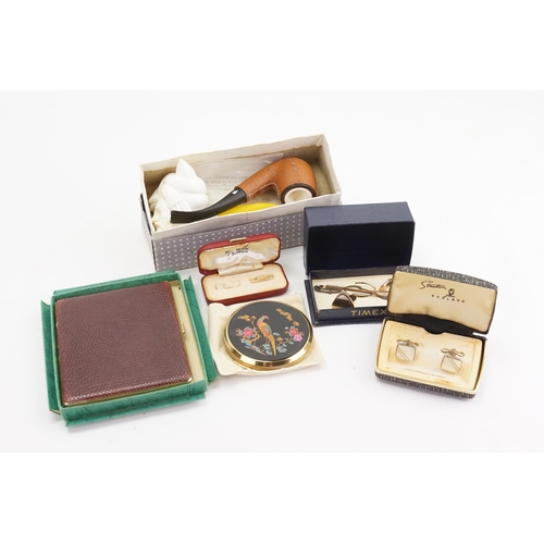 187 - Various collectables to include cufflinks, compact, pipes etc.