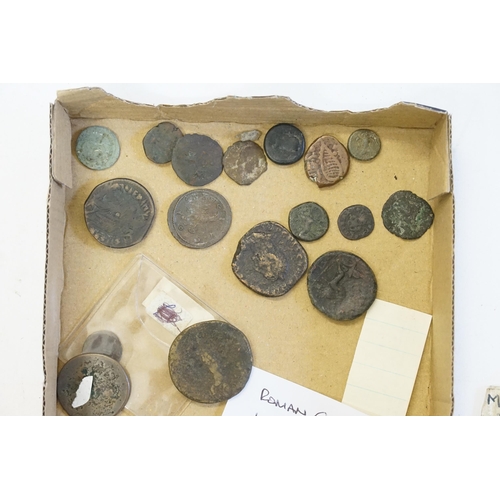 246 - A Tray of Various Roman Coins along with a bag of Tokens.