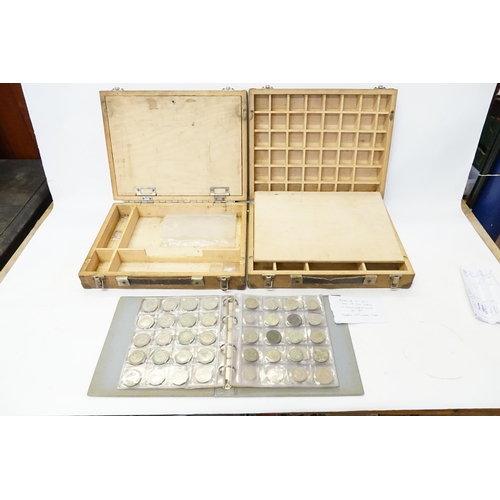 232 - A Folder of Coins some with Silver Content along with Commemorative Coins & Two Wooden Cases.