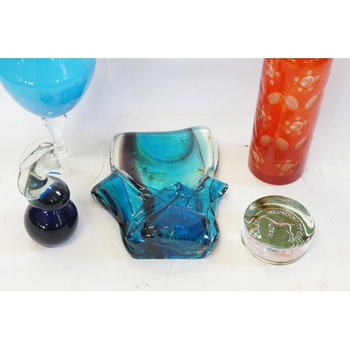 765 - A Medina Slab Built Amorphous design Slab Sculpture, a Paperweight, Ruby Cased Cup, Blue Vase, etc.