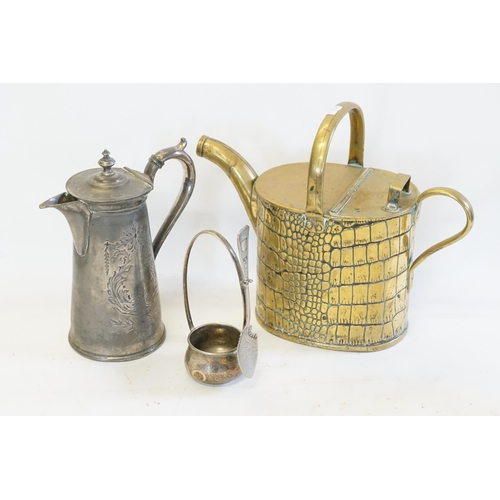 881 - A Late 19th Century Brass Hotel Hot Water Can, Pewter Coffee Pot, etc.