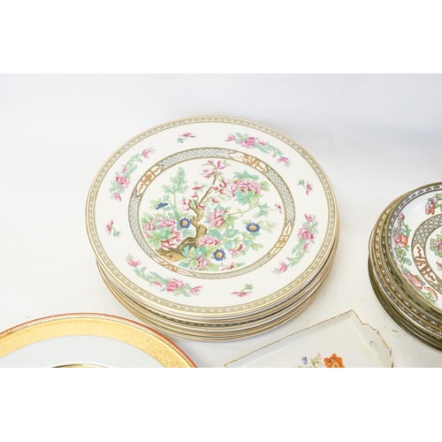 785 - A Pair of Cupid Puce painted Turquoise edged Tazzas, Blue Glazed Collectors Plates with Flowers, Ind... 