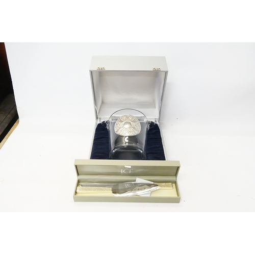 75 - A Silver mounted Glass Ice Bucket in Original case and Swarovski Ice Wedding cake server set. (Origi... 