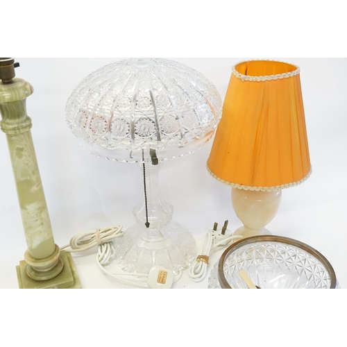 764 - A Glass Table Lamp & Shade, a Cut Glass Bowl, Marble Lamp, one other, etc.