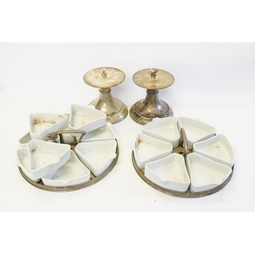 83 - A Pair of Melted Cheese Porcelain Triangular Trays mounted on a Silver Plated Stand.