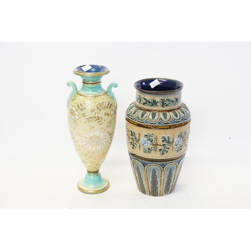 803 - A Royal Doulton Classical designed Two Handled Urn Shaped Vase decorated in a Turquoise & Floral Gro... 