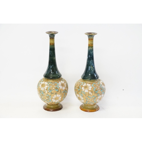 804 - A Pair of Royal Doulton Slaters Patent Mallet Shaped Vases decorated with White & Turquoise Flowers.