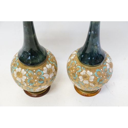 804 - A Pair of Royal Doulton Slaters Patent Mallet Shaped Vases decorated with White & Turquoise Flowers.