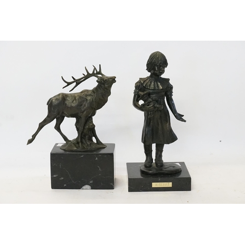 864 - Two Studies on Marble Bases of a Young Child & a Stag at Bay.