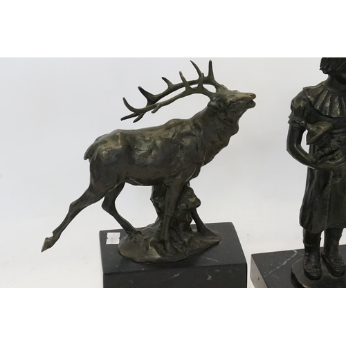 864 - Two Studies on Marble Bases of a Young Child & a Stag at Bay.