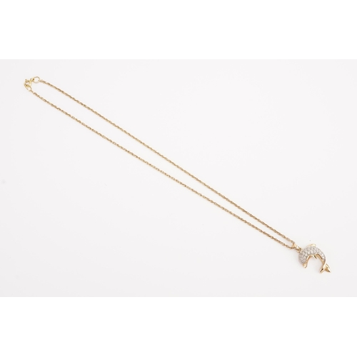 124 - A 9ct gold chain, hung with a 9ct gold diamond dolphin. Weight 4.9g.