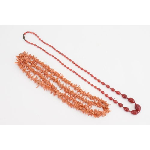 133 - A large coral necklace 98g, 112cm long. Along with a cherry bead necklace 59g.