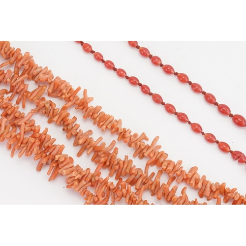 133 - A large coral necklace 98g, 112cm long. Along with a cherry bead necklace 59g.