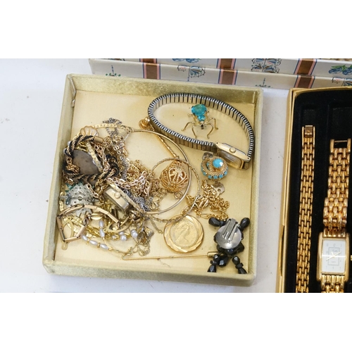 161 - A collection of costume jewellery, to include watches, coins, pearls, brooches, earrings etc.