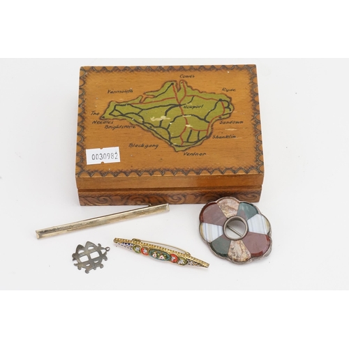 163 - A Scottish pebble brooch, along with a micro mosaic brooch etc. Contained in a small wooden box.