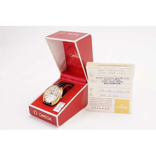 203 - A Omega Seamaster Quartz watch, gold plated face, black crocodile strap, original Omega buckle.  Con... 