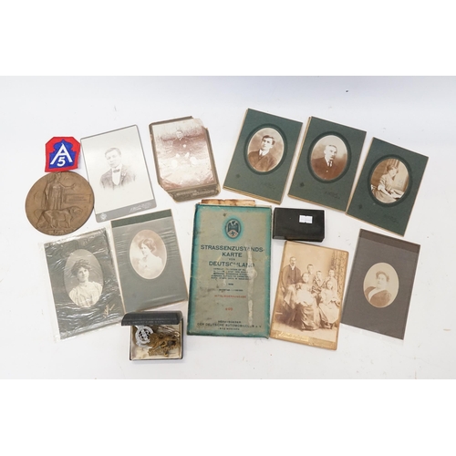 282 - A Thomas Chamberlain Dead Man's Penny, Nazi Map, Cap Badges, Snuff Box, A5 Badge & a collection of F... 