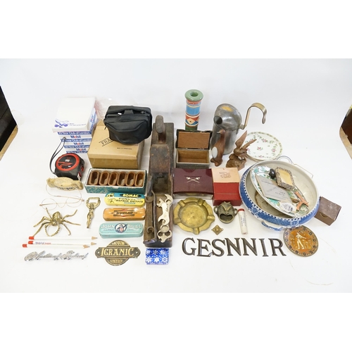 761 - A Brass Igranic Motor Control Panel, an Austin of England Badge, Brass Ware, Weights, Metal Letters,... 