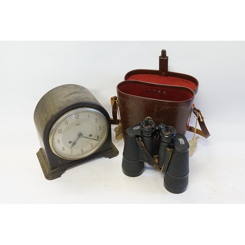 222 - A Smiths Mantle Clock & a Pair of Binoculars in Case with Newbury Race Course Badges.