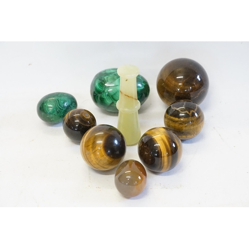 760 - Malachite Eggs, Tiger's Eye Balls, Cane Handle & other Hardstones.