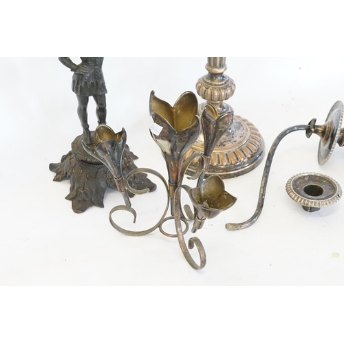 65 - An Electro Plate on Copper Candelabra (AF), a Flower Epergne & a Cast French Sculpture Candlestick.