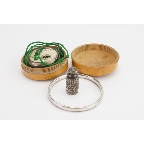 66 - A Victorian Silver Cased Smelling Salts, a heavy (925) Silver Bangle & an Amp Meter in a Wooden Box.