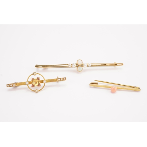 153 - A 9ct gold coral set brooch, along with a 9ct gold seed pearl brooch, and a opal and seed pearl broc... 