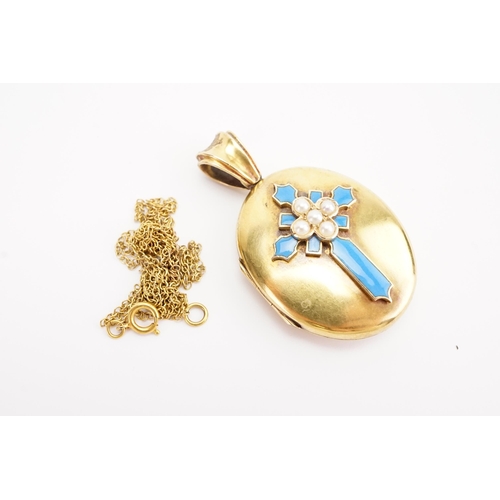 155 - A blue enamel and seed pearl locket (12g), hung on a 9ct gold chain (1.2g).