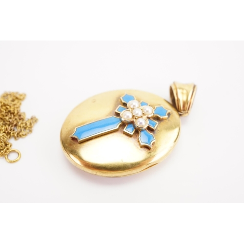 155 - A blue enamel and seed pearl locket (12g), hung on a 9ct gold chain (1.2g).