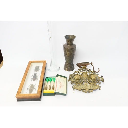 825 - A collection of various items to include a framed beetles, glass funnel vase, brass ink well etc.