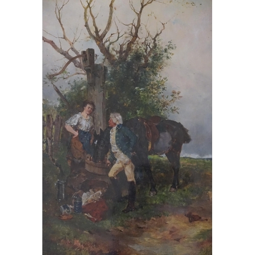 394 - A Victorian oil on board of a country scene depicting a squire with his horse, Framed & Glazed. Meas... 