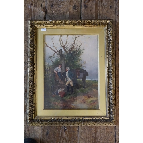 394 - A Victorian oil on board of a country scene depicting a squire with his horse, Framed & Glazed. Meas... 