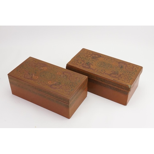 655 - A Pair of Chinese Design Red & Gold Boxes decorated with Dragons & a Red Lacquered interior. Measuri... 