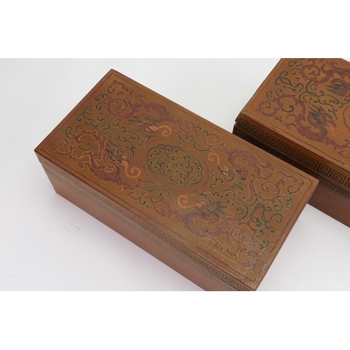 655 - A Pair of Chinese Design Red & Gold Boxes decorated with Dragons & a Red Lacquered interior. Measuri... 