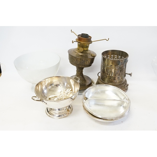 81 - A Collection of Silver Plate to include a Table Top Cooker, a Fruit Bowl, Lamp & Shade, etc.