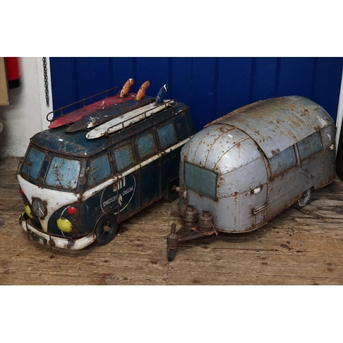 703 - A Blue & White Metal VW Camper with Surfboards Wine Cooler (Measuring: 97cms Long) along with a Silv... 