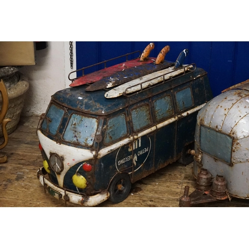 703 - A Blue & White Metal VW Camper with Surfboards Wine Cooler (Measuring: 97cms Long) along with a Silv... 