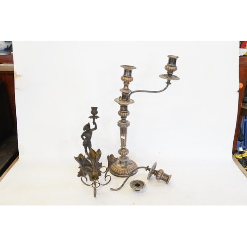 70 - An Electro Plate on Copper Candelabra (AF), a Flower Epergne & a Cast French Sculpture Candlestick.