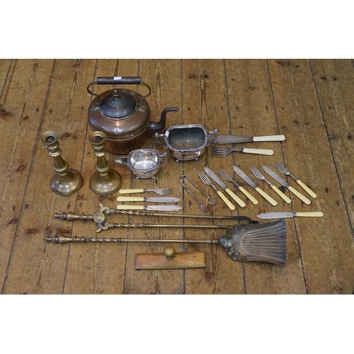 588 - A Pair of Antique Brass Candlesticks, a Part Companion Set, a Copper Kettle & various items of Silve... 