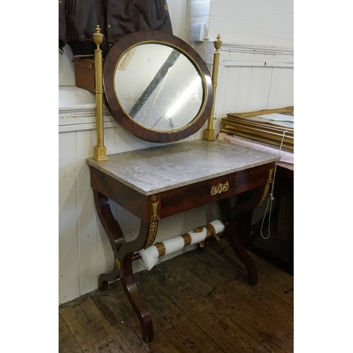 485 - A French Marble Topped & Gold Gilt Dressing Table with Mirror with Brass Columns. Measuring: 80cms a... 