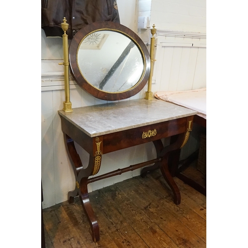 485 - A French Marble Topped & Gold Gilt Dressing Table with Mirror with Brass Columns. Measuring: 80cms a... 